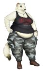  anthro belly belly_overhang belt bottomwear breasts camo cargo_pants cettus clothing female footwear fur hand_on_hip hi_res jewelry mammal maren_sommer mustela mustelid musteline necklace overweight overweight_anthro overweight_female pants shirt shoes simple_background solo standing stoat tank_top topwear true_musteline white_background white_body white_fur 