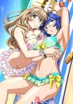  2girls aqua_bikini arm_up armpits bangs bare_arms bare_legs beach bikini blue_eyes blue_hair blue_sky blunt_bangs bob_cut bow bracelet breast_press breasts cleavage closed_mouth day eyepatch frilled_bikini frills front-tie_bikini_top front-tie_top green_eyes groin hairband holding ikkitousen jewelry large_breasts light_brown_hair long_hair lotion_bottle lying mole mole_under_mouth multiple_girls navel on_back open_mouth print_bikini red_hairband ryomou_shimei shiny shiny_hair shiny_skin short_hair sky sonken_chuubou strapless strapless_bikini summer swimsuit very_long_hair white_bikini yellow_bow yuri 