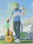  2019 3_toes 5_fingers acoustic_guitar anthro barefoot black_claws black_eyebrows black_nose blue_clothing blue_shirt blue_topwear bottomwear canid canine canis cheek_tuft chest_tuft claws clothing cloud collar detailed_background dipstick_tail duo embrace eyebrow_through_hair eyebrows eyelashes facial_tuft feet female fingers fox fur gesture grass green_body green_eyes green_fur green_hair green_inner_ear_fluff green_nose green_pawpads grey_bottomwear grey_clothing grey_pants guitar hair hi_res hybrid inner_ear_fluff long_hair looking_at_viewer male mammal markings mountain musical_instrument outside pants pawpads plant plucked_string_instrument sammfeatblueheart shaded shirt signature sky spirit string_instrument tail_markings tail_wrapped_around toes topwear translucent translucent_hair tree tuft v_sign whisker_markings white_body white_fur wolf yellow_eyes 