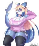  anthro big_breasts blueshark blush breasts clothed clothing female fish genitals hair hi_res looking_at_viewer marine non-mammal_breasts pussy shark simple_background solo white_background 