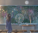  1girl back black_hair black_pantyhose chalk chalkboard check_commentary checkered_pantyhose classroom clock commentary_request cup desk drawing ferris_wheel fireworks from_behind highres kikukawa00 long_hair looking_away mug original pantyhose twintails 