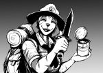  2022 anthro arm_scar canid canine canis domestic_dog eyes_closed facial_scar female gradient_background greyscale hladilnik holding_knife holding_object knife mammal monochrome open_mouth open_smile samantha_thott scar scout_uniform simple_background smile solo tin_can 