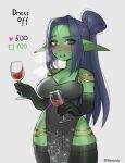  1girl alcohol artist_name bangs bare_shoulders black_gloves black_hair black_thighhighs blush breasts cleavage cup drinking_glass elbow_gloves gloves goblin hair_bun heterochromia holding holding_cup large_breasts like_and_retweet long_hair orange_eyes original parted_bangs purple_eyes roxxxan shiny shiny_skin single_hair_bun teeth thighhighs twitter_strip_game wine wine_glass 