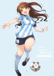  1girl adidas argentina ball bracelet breasts commentary highres idolmaster idolmaster_cinderella_girls idolmaster_cinderella_girls_starlight_stage inoue_sora jewelry kneehighs le_coq_sportif puma_(brand) shimamura_uzuki side_ponytail soccer_ball soccer_uniform socks sportswear world_cup 