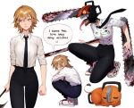  1girl absurdres bangs black_necktie black_pants blonde_hair blood blood_on_clothes breasts chainsaw chainsaw_man character_request denji_(chainsaw_man) english_commentary english_text from_side genderswap genderswap_(mtf) highres large_breasts lavelis long_sleeves long_tongue medium_hair necktie pants sharp_teeth shiny shiny_hair shirt shirt_tucked_in shoes simple_background sneakers speech_bubble squatting teeth tongue tongue_out weapon white_background white_shirt 