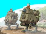  2boys animal_ears black_eyes brick_wall cat_boy cat_ears cloud dieselpunk furry furry_male highres jacket mecha military multiple_boys orange_jacket original robot rust sky smoke walker yabarn 