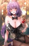  1girl alternate_costume amyu_(amm_asl_pa) animal_ears bad_id bad_pixiv_id black_bow black_bowtie black_leotard blunt_bangs blush bow bowtie braid breasts cleavage cup detached_collar drinking_glass genshin_impact highres large_breasts leotard long_hair mole mole_under_eye open_mouth pantyhose playboy_bunny purple_eyes purple_hair rabbit_ears raiden_shogun single_braid solo wine_glass wrist_cuffs 