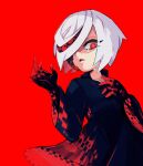  1girl aimf black_dress crying crying_with_eyes_open dress hair_over_one_eye looking_at_viewer open_mouth red_background red_eyes sage_(sonic) short_hair simple_background solo sonic_(series) sonic_frontiers tears upper_body white_hair 