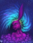  2018 absurd_res air_creature ambiguous_gender anthro blue_hair buckteeth bust_portrait cloud colorful constellation cool_colors cosmic_background cosmic_being cosmic_hair detailed elemental_creature ethereal_hair eyelashes eyes_closed female_(lore) gradient_hair hair hi_res lagomorph leporid living_cloud long_ears mammal mushbun mushbun_(character) nebula open_mouth open_smile pink_body portrait rabbit smile solo star starry_background teeth translucent translucent_body 