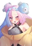  1girl :d bare_shoulders black_coat blue_hair blush bow-shaped_hair breasts coat eyelashes eyes_visible_through_hair halterneck heart hexagon_print highres iono_(pokemon) light_blue_hair long_hair long_sleeves looking_at_viewer magnemite magnet medium_breasts multicolored_coat multicolored_hair one-eyed open_mouth pink_eyes pink_hair pokemon pokemon_(creature) pokemon_(game) pokemon_sv rip_1031 screw sharp_teeth simple_background smile teeth two-tone_coat two-tone_hair uneven_eyes white_background yellow_coat 