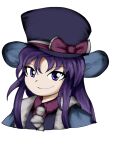  1other androgynous ascot blue_coat blue_headwear bow clause coat collared_shirt hat hat_bow highres len&#039;en long_hair purple_eyes purple_hair purple_shirt shirt smile soldierburger solo top_hat upper_body white_ascot 