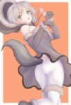  1girl absurdres animal_hands ass bare_shoulders blush border breasts dress elbow_gloves fang gloves green_eyes grey_dress grey_gloves highres hood looking_at_viewer nachi-kun open_mouth orange_background pantyhose pantylines paw_gloves sanya_v._litvyak shiny shiny_hair short_hair simple_background small_breasts solo strike_witches tail white_border white_hair white_pantyhose wolf_tail world_witches_series 