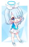  1girl :d aqua_hair arms_behind_back arona_(blue_archive) bangs blue_archive blue_eyes bow braid chibi choker commentary eyes_visible_through_hair full_body gelulu hair_bow hair_over_one_eye hair_ribbon hairband halo long_sleeves looking_at_viewer multicolored_hair pleated_skirt ribbon school_uniform serafuku shoes short_hair sidelocks simple_background single_braid skirt smile sneakers solo standing two-tone_hair 