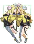  2girls bare_shoulders black_coat black_shorts braid breasts coat collarbone cosplay covered_collarbone cynthia_(pokemon) eyelashes fingernails full_body furrowed_brow green_eyes grey_eyes grey_footwear grey_pantyhose hair_over_one_eye halterneck hexagon_print high_heels highres iono_(pokemon) iono_(pokemon)_(cosplay) kenchi knees_together_feet_apart large_breasts leg_up long_hair long_sleeves looking_at_viewer low-tied_long_hair lusamine_(pokemon) magnemite magnet matching_outfit multicolored_coat multiple_girls one-eyed open_mouth outline pantyhose pokemon pokemon_(creature) pokemon_(game) pokemon_dppt pokemon_sm pokemon_sv screw sharp_teeth shorts single_leg_pantyhose standing standing_on_one_leg star_(symbol) star_print teeth thigh_strap two-tone_coat v white_background wide_sleeves yellow_coat yellow_outline 