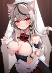  1girl alternate_costume animal_ears bare_shoulders black_hair blush bow bowtie braid breasts cat_ears cat_tail cleavage closed_mouth clothes_pull collarbone dress_pull enmaided fang fingernails frills grey_hair hair_ornament hairclip highres hololive large_breasts long_fingernails long_hair looking_at_viewer maid maid_headdress namagome_negi plaid raised_eyebrows red_eyes sakamata_chloe tail upper_body virtual_youtuber 