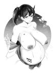 1girl absurdres barcode barcode_tattoo big_belly breast_tattoo breasts broken_heart collarbone dark_nipples heart heart_tattoo hentai_rat highres horns huge_breasts kaga_(kancolle) kantai_collection lactation long_hair nipples pregnant short_sidetail side_ponytail single_horn solo spot_color stomach_tattoo tattoo 