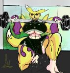  absurd_res anthro athletic bandai_namco big_breasts bodily_fluids breasts clothing digimon digimon_(species) exercise female hi_res lonneva renamon small_waist solo sweat tight_clothing weightlifting weights workout zadrex 