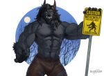  2022 abs anthro biped black_body black_fur black_hair bottomwear bulge canid canine claws clothing danpinneon digital_media_(artwork) facial_scar fangs finger_claws forest forest_background fur green_eyes grey_body grey_fur hair hi_res male mammal muscular muscular_anthro muscular_male nature nature_background pants pecs phinnherz plant pubes scar smile torn_bottomwear torn_clothing torn_pants tree warning_sign were werecanid werecanine werewolf 