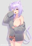  1girl ahegao animal_ears bar_censor breasts cat_ears cat_girl cat_tail censored cowboy_shot erection fang female_pubic_hair foreskin futanari grey_background grey_shirt hair_between_eyes highres hololive large_breasts looking_at_viewer nekomata_okayu nipples one_breast_out one_eye_closed open_mouth penis phimosis pubic_hair purple_eyes purple_hair shirt simple_background sleeves_past_wrists solo tail testicles tongue tongue_out virtual_youtuber yoshiwa_tomo 