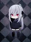  1girl :&lt; ahoge argyle argyle_background bat_ornament black_dress black_ribbon boots chibi cross-laced_footwear dress fishnet_thighhighs fishnets full_body gothic grey_hair hair_between_eyes hair_ribbon highres long_hair mearylis_(yamanasi_mikage) original pale_skin red_eyes ribbon sleeves_past_wrists solo thigh_boots thighhighs thighhighs_under_boots very_long_hair yamanasi_mikage zettai_ryouiki 