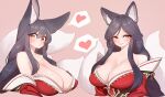  1girl absurdres ahri_(league_of_legends) animal_ears animification bare_shoulders black_hair blush breasts cleavage closed_mouth fox_ears fox_tail heart highres huge_breasts japanese_clothes kimono league_of_legends long_hair looking_at_viewer multiple_tails multiple_views off_shoulder orange_eyes parted_lips pink_background red_kimono spoken_heart tail upper_body whisk yabby yellow_eyes 