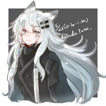  1girl andou_yuna animal_ears arknights artist_name black_jacket grey_eyes hair_ornament jacket lappland_(arknights) long_hair scar scar_across_eye scar_on_face smile twitter_username very_long_hair white_fur white_hair wolf_ears wolf_girl 