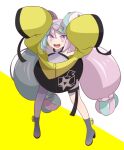  1girl bow-shaped_hair character_hair_ornament grey_pantyhose hair_ornament hexagon_print highres iono_(pokemon) jacket long_hair low-tied_long_hair masimasi07 multicolored_hair oversized_clothes pantyhose pokemon pokemon_(game) pokemon_sv sharp_teeth single_leg_pantyhose sleeves_past_fingers sleeves_past_wrists solo split-color_hair star_(symbol) star_in_eye symbol_in_eye teeth very_long_sleeves x yellow_jacket 