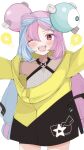  1girl ;d bare_shoulders black_coat blue_eyes blue_hair blush bow-shaped_hair braid coat cowboy_shot eyes_visible_through_hair halterneck hexagon_print highres iono_(pokemon) legs_apart light_blue_hair light_bulb lightning_bolt_symbol long_hair long_sleeves looking_at_viewer low-tied_long_hair magnemite multicolored_coat multicolored_eyes multicolored_hair mushoku_loli one-eyed one_eye_closed open_mouth outstretched_arms pink_eyes pink_hair pokemon pokemon_(creature) pokemon_(game) pokemon_sv screw sharp_teeth smile spread_arms standing star_(symbol) star_print teeth two-tone_coat two-tone_hair very_long_hair white_background yellow_coat yellow_eyes 