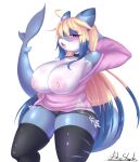  anthro areola big_breasts blueshark blush breasts clothed clothing female fish genitals hair hi_res looking_at_viewer marine nipples non-mammal_breasts pussy shark simple_background solo white_background 