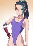  1girl black_hair cowboy_shot freckles gradient_hair green_hair hai_(h81908190) hair_pulled_back hand_on_hip highleg highleg_leotard highleg_swimsuit leotard long_hair multicolored_hair nemona_(pokemon) orange_eyes pokemon pokemon_(game) pokemon_sv ponytail purple_leotard purple_swimsuit solo streaked_hair swimsuit 