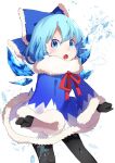  1girl ametama_(runarunaruta5656) black_gloves black_pantyhose blue_coat blue_eyes blue_hair blue_ribbon cirno coat gloves highres pantyhose ribbon touhou 