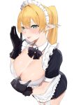  1girl agape_il apron bangs black_bow black_bowtie black_dress black_gloves blonde_hair bow bowtie breasts cleavage commentary_request detached_collar dress ear_piercing elf frilled_apron frills gloves green_eyes hands_up highres large_breasts long_hair looking_at_viewer maid maid_headdress mole mole_on_breast original piercing pointy_ears ponytail shiny shiny_skin short_sleeves simple_background solo standing tongue tongue_out white_apron white_background 