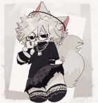  4_fingers ambiguous_gender anthro armwear black_sclera blush bottomwear chain chain_necklace clothing eyewear fingers fluffy fluffy_hair fluffy_tail fur gesture glasses hair hi_res jewelry legwear necklace pupils skirt solo squawq thigh_highs v_sign white_body white_fur white_pupils 