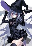  1girl bat_ornament black_headwear black_ribbon cowboy_shot expressionless gothic grey_hair hair_between_eyes hair_ribbon hat highres long_hair looking_at_viewer mearylis_(yamanasi_mikage) original pale_skin red_eyes ribbon sketch sleeves_past_wrists solo thighhighs very_long_hair witch_hat yamanasi_mikage 