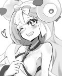  1girl bare_shoulders blush bow-shaped_hair breasts character_hair_ornament clothes_pull eyes_visible_through_hair furrowed_brow grin hair_ornament halterneck hand_up heart iono_(pokemon) ireiza long_hair long_sleeves looking_at_viewer magnemite medium_breasts monochrome nipples one-eyed one_eye_closed pokemon pokemon_(creature) pokemon_(game) pokemon_sv pulled_by_self screw sharp_teeth simple_background smile teeth upper_body white_background 