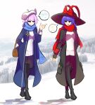  2girls alternate_costume blue_eyes blue_hair boots coat highres kaliningradg letty_whiterock multiple_girls nagae_iku pantyhose red_eyes sweater thigh_boots touhou winter_clothes 