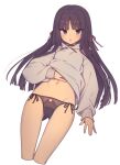  1girl :o black_choker black_eyes black_hair black_panties blush choker cropped_legs everyntrge grey_hoodie hair_ribbon highres hood hoodie hoodie_lift long_hair looking_at_viewer navel no_pants open_mouth original panties red_ribbon ribbon side-tie_panties simple_background sleeves_past_wrists solo sweatdrop underwear white_background 