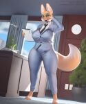  2022 3d_(artwork) absurd_res anthro belly big_breasts big_butt blender_(software) breasts butt canid canine clothed clothing detailed_background diane_foxington digital_media_(artwork) dreamworks eyebrow_piercing eyewear facial_piercing female female/female fox fur glasses green_eyes hi_res huge_breasts iii_oridas_iii inside looking_at_viewer mammal open_mouth orange_body orange_fur overweight overweight_female piercing slightly_chubby smile solo suit the_bad_guys thick_thighs wide_hips 