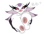  anthro aptom7747 avian avian_demon beak big_breasts bird breasts claws colored demon edit feathers female fur helluva_boss hi_res huge_breasts looking_at_viewer mature_female nipples non-mammal_breasts simple_background smile solo stella_(helluva_boss) white_body white_feathers 