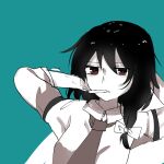  1girl black_hair blue_background bow cigarette commentary_request hair_bow highres looking_at_viewer moyashi_(oekaki_touhou) necktie no_headwear red_eyes shirt short_hair short_sleeves simple_background smoke smoke_trail smoking solo touhou usami_renko white_bow white_shirt 