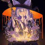  1girl animal_ears bangs broom cauldron grey_hair hat highres mefomefo mouth_hold orange_eyes original purple_ribbon ribbon smile solo spikes upper_body wavy_hair witch_hat 