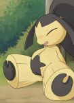  against_surface blush day eyes_closed female fingering generation_3_pokemon genitals hi_res humanoid mawaifu mawile nintendo open_mouth outside pokemon pokemon_(species) pussy sitting solo vaginal vaginal_fingering video_games yellow_body 