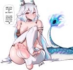  1girl absurdres ass bare_shoulders blue_fire blue_hair blush breasts closed_mouth colored_inner_hair dragon_girl dragon_horns dragon_tail earrings english_text fang feet fire hair_between_eyes heart highres horns jewelry large_breasts light_blush long_hair looking_at_viewer multicolored_hair simple_background sitting skin_fang solo speech_bubble tail toeless_legwear vei_(vtuber) virtual_youtuber vshojo white_background white_hair yunart 