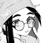 1girl animification beanie character_name ear_piercing from_side glasses greyscale hair_behind_ear hat jacket killjoy_(valorant) light_smile lime_foxy long_hair looking_at_viewer monochrome parted_lips piercing portrait solo valorant white_background 