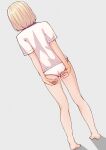  1boy absurdres akaihoppe back blonde_hair crossdressing from_behind full_body highres male_focus original otoko_no_ko panties shirt short_hair short_sleeves simple_background solo standing underwear white_panties white_shirt 