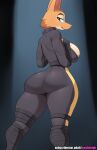  absurd_res anthro belt big_breasts big_butt bodysuit breasts butt canid canine clothing cooliehigh diane_foxington dreamworks female fox fur glistening glistening_butt green_eyes hi_res mammal orange_body orange_fur rear_view skinsuit solo the_bad_guys tight_clothing utility_belt 