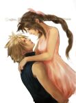  1boy 1girl aerith_gainsborough arms_around_neck bangs bare_arms bare_shoulders blonde_hair blue_shirt braid braided_ponytail breasts brilcrist brown_hair carrying carrying_person cloud_strife couple dress final_fantasy final_fantasy_vii final_fantasy_vii_remake hair_ribbon hetero instagram_username long_hair looking_at_another medium_breasts parted_bangs parted_lips pink_dress pink_ribbon ribbon shirt short_hair sidelocks sleeveless sleeveless_dress sleeveless_turtleneck spiked_hair tumblr_username turtleneck twitter_username upper_body white_background 