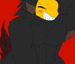  abs armpit_hair blush bodily_fluids body_hair canid canine canis hand_behind_head male mammal mask muscular muscular_male no_shading parasite raised_arm red_background sharmty shy simple_background solo sweat sweatdrop taur tendrils unknown_artist wolf 