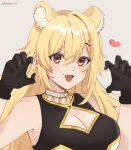 1girl :3 :d animal_ear_fluff animal_ears armpit_crease bare_arms bare_shoulders black_gloves black_shirt blonde_hair blush breasts claw_pose cleavage_cutout clothing_cutout extra_ears eyelashes fang gloves gold_trim grey_background hair_between_eyes hair_flaps hair_ornament heart highres jewelry large_breasts lion_ears lion_girl long_hair looking_at_viewer necklace open_mouth shinonome_ito shirt sidelocks simple_background single_hair_intake sleeveless sleeveless_shirt smile tooth_necklace twitter_username upper_body wactor_production wanwan_020 x_hair_ornament yellow_eyes 