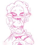  1girl blush breast_hold breasts eyes_visible_through_hair fang girl_on_top highres holding_another&#039;s_wrist looking_at_viewer midriff octoling octoling_girl open_mouth shirt short_hair shorts simple_background sketch splatoon_(series) sweat tentacle_hair vic96831243 white_background 